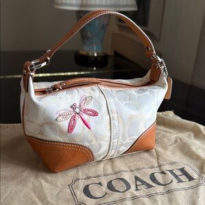 Coach White Logo Special Edition Bag with Dragonfly Rhinestine Accent